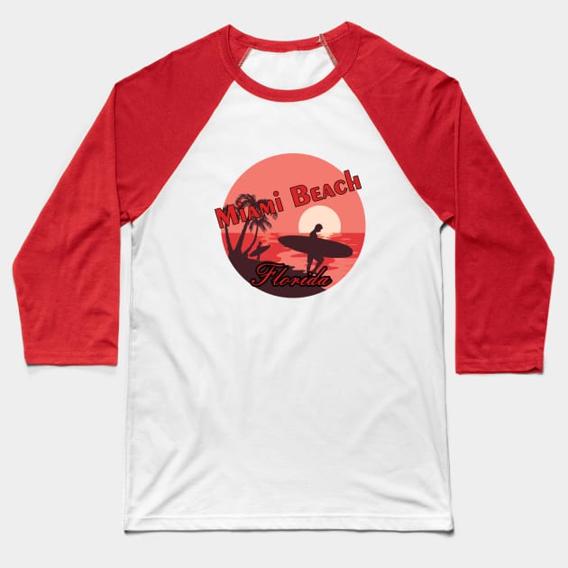 Miami Beach Florida Sunrise Graphic Design Baseball T-Shirt by AdrianaHolmesArt